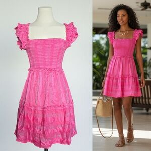 PQ Fairie Dress Pink Shimmery Smocked Ruffle Tiered Barbiecore Anthropologie